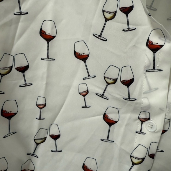 White Wine Glass Print Ladies button up blouse shirt - Picture 2 of 5